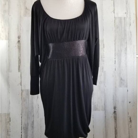 VTG Y2K Cache Dress Small Snakeskin Belt Dolman Sleeve Bubble Hem Black LBD - Picture 2 of 13